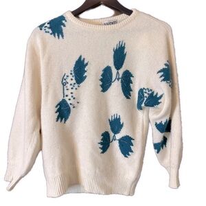 Vintage Valenti White Green Beaded Sequinned Leaves Lambswool Angora Sweater M